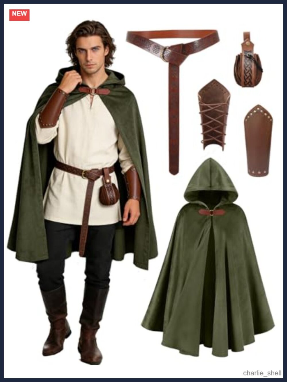 Medieval Hooded Cloak Costume with Belt Purse Bracers Renaissance Faire Cape